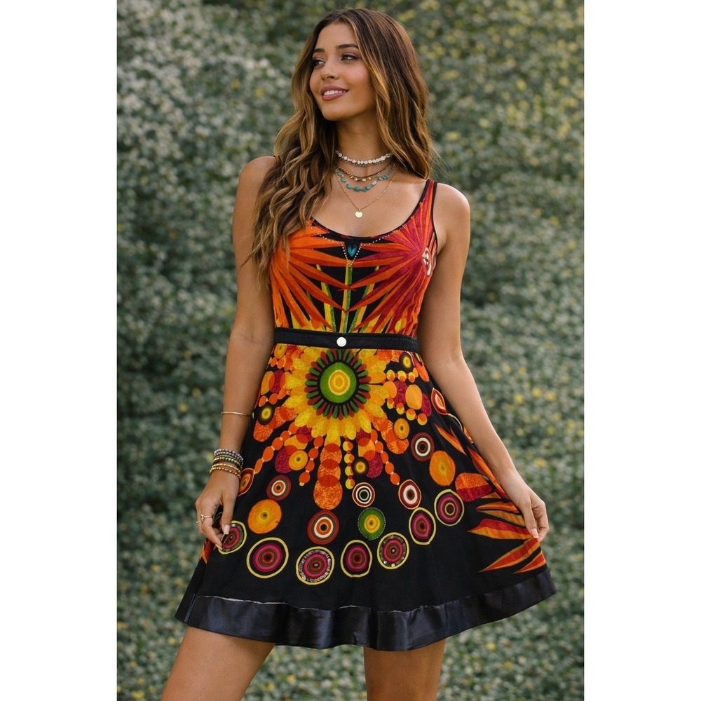 Desigual Womens L Abstract Art Print Boho Fit Flare Festival‎ Party Mini Dress